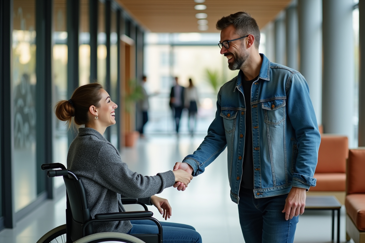 Femme en fauteuil souriant en train de serrer la main