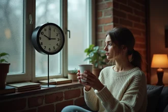 Jeune femme contemplant une horloge affichant 10h10 depuis une fenêtre pluvieuse, symbolisant la signification spirituelle de l'heure miroir en flamme jumelle