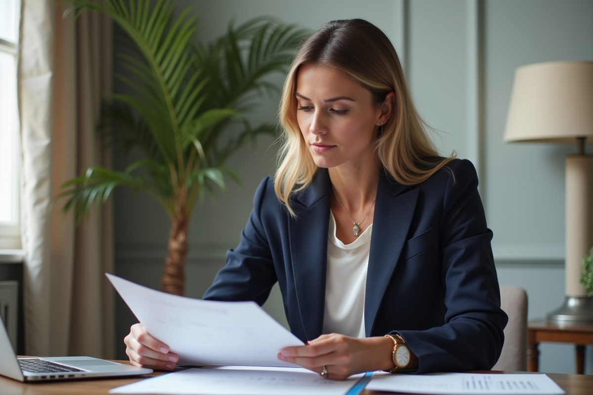 Femme professionnelle examine documents d'investissement immobilier