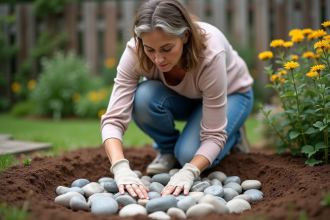Femme d age moyen arrangeant des galets dans un jardin