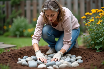 Femme d age moyen arrangeant des galets dans un jardin