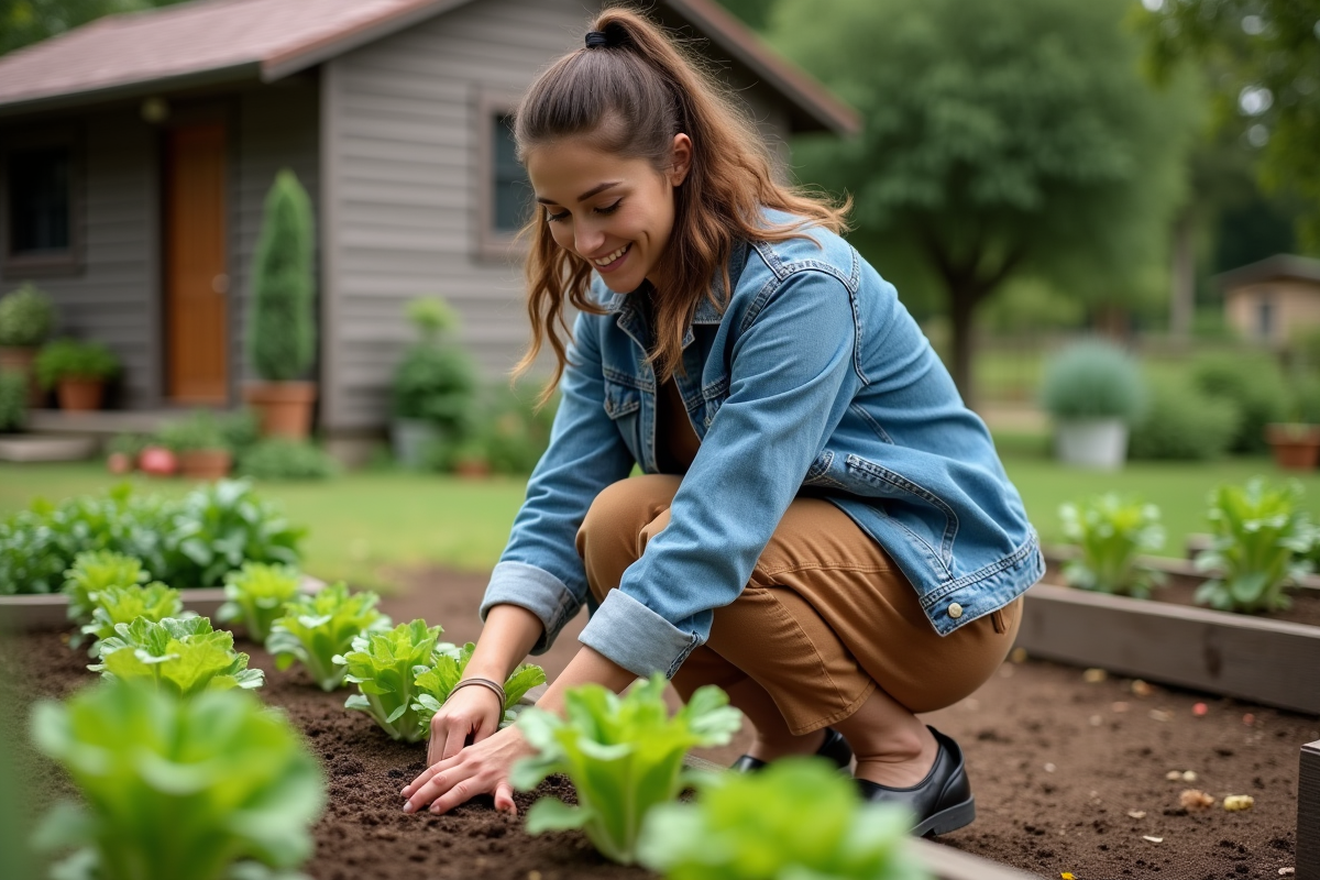 Femme cultivant des légumes dans son jardin bio