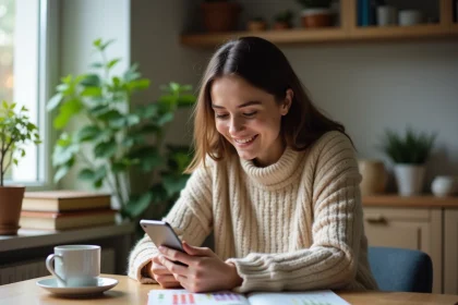 Jeune femme joue à un jeu de mots sur smartphone dans la cuisine