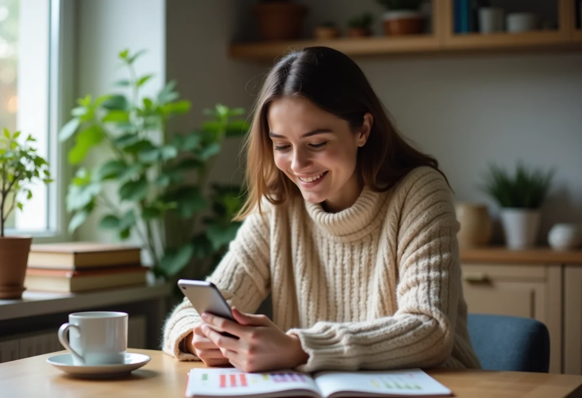 Jeune femme joue à un jeu de mots sur smartphone dans la cuisine