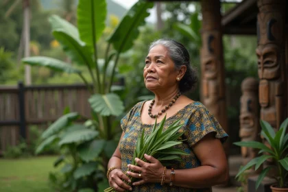 Femme kanak en robe tissée tenant des feuilles de patchili