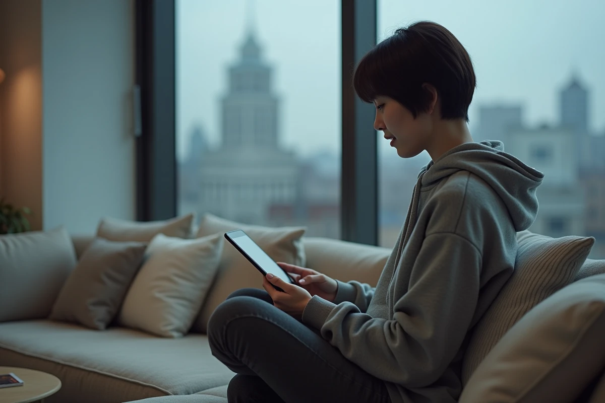Femme lisant un scan de manga sur tablette dans un salon moderne en attente de la sortie du chapitre One Punch Man