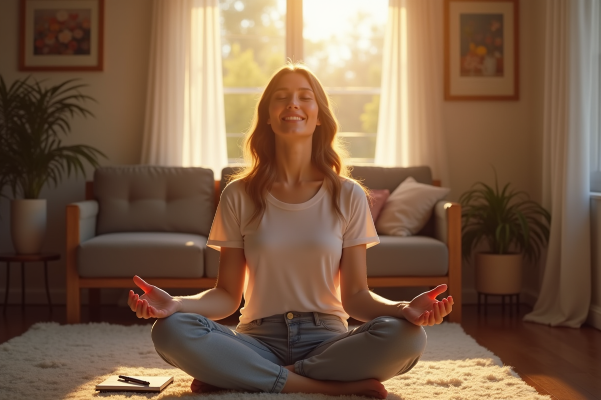 Femme souriante meditant dans un salon lumineux
