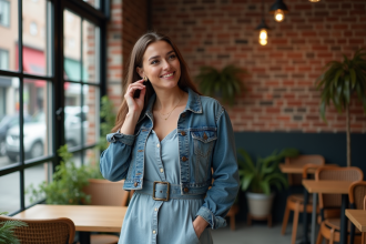 Femme élégante dans un café urbain moderne