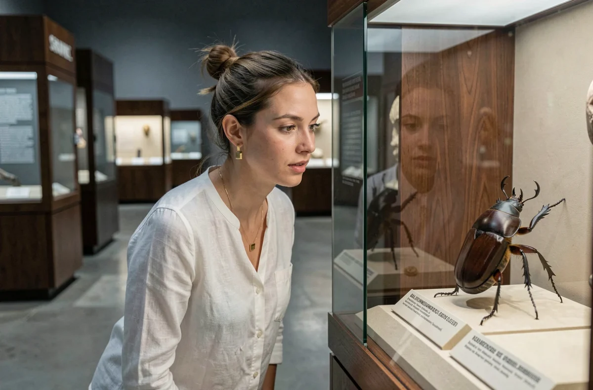 Jeune femme observant un spécimen de scarabée dans une vitrine de musée d'histoire naturelle