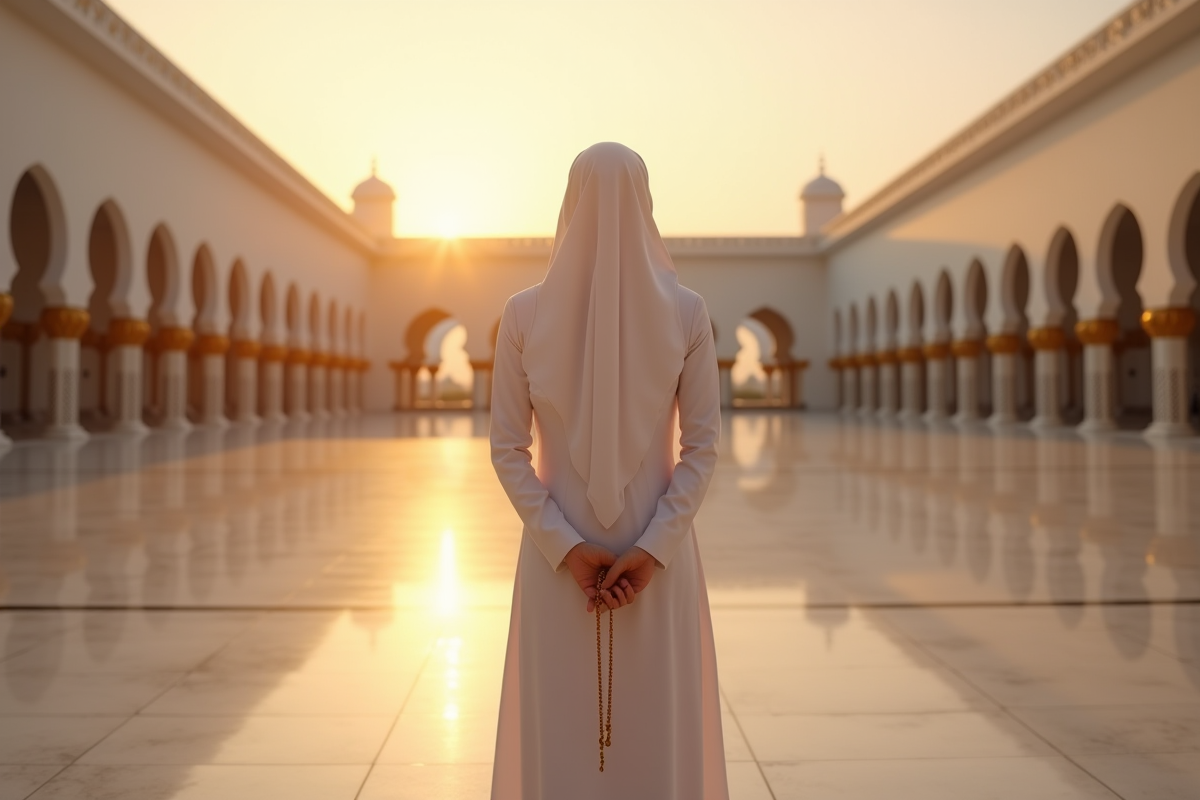 Femme musulmane priant dans la cour de la Mecque au lever du soleil