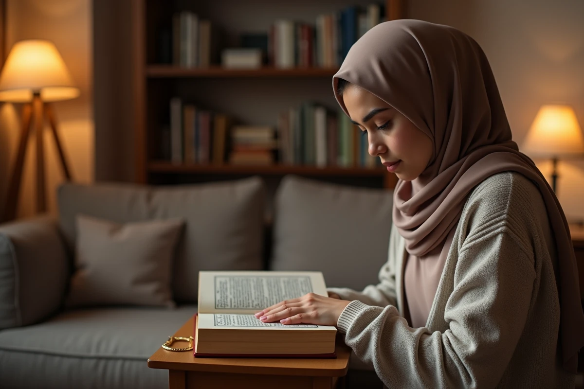 Jeune femme musulmane lisant un livre de prières dans un salon