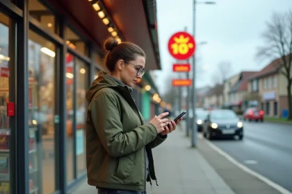 Femme consultant son téléphone pour trouver le Lidl le plus proche sur un trottoir urbain