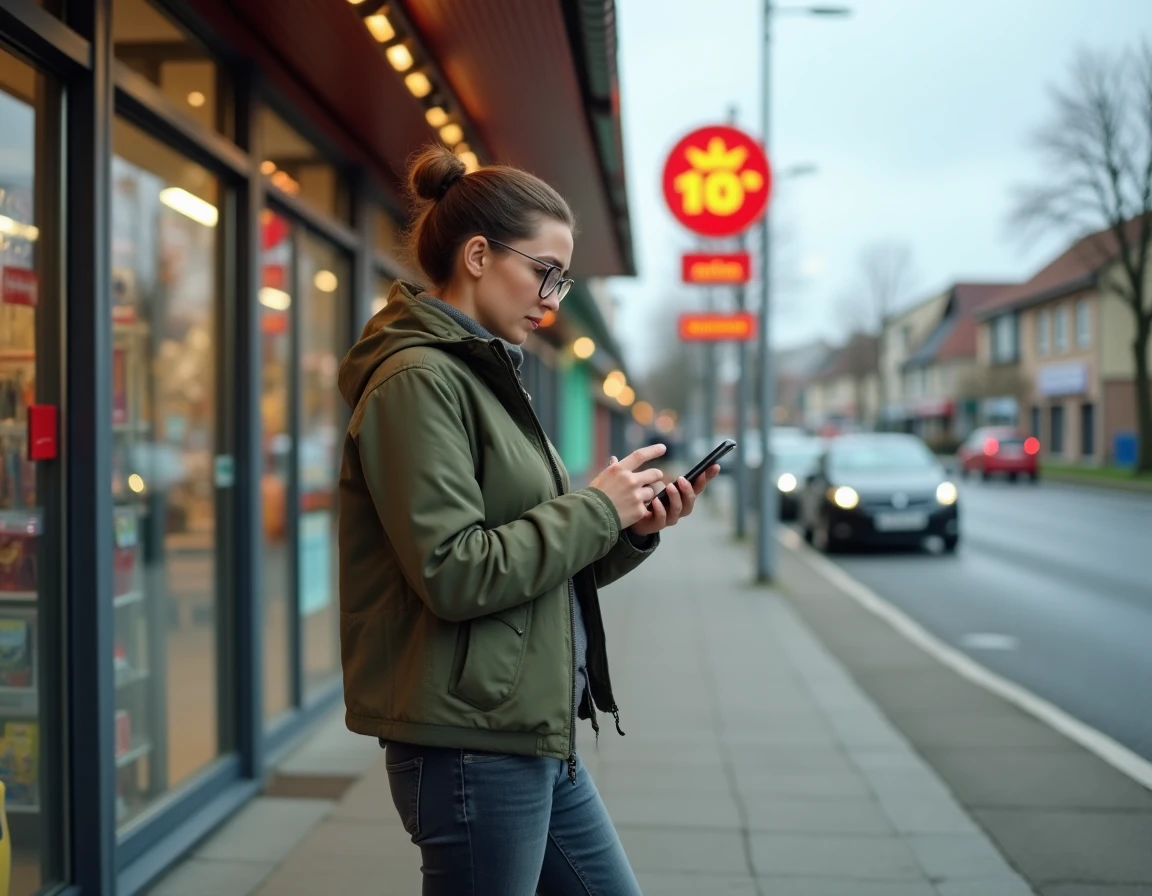 Femme consultant son téléphone pour trouver le Lidl le plus proche sur un trottoir urbain