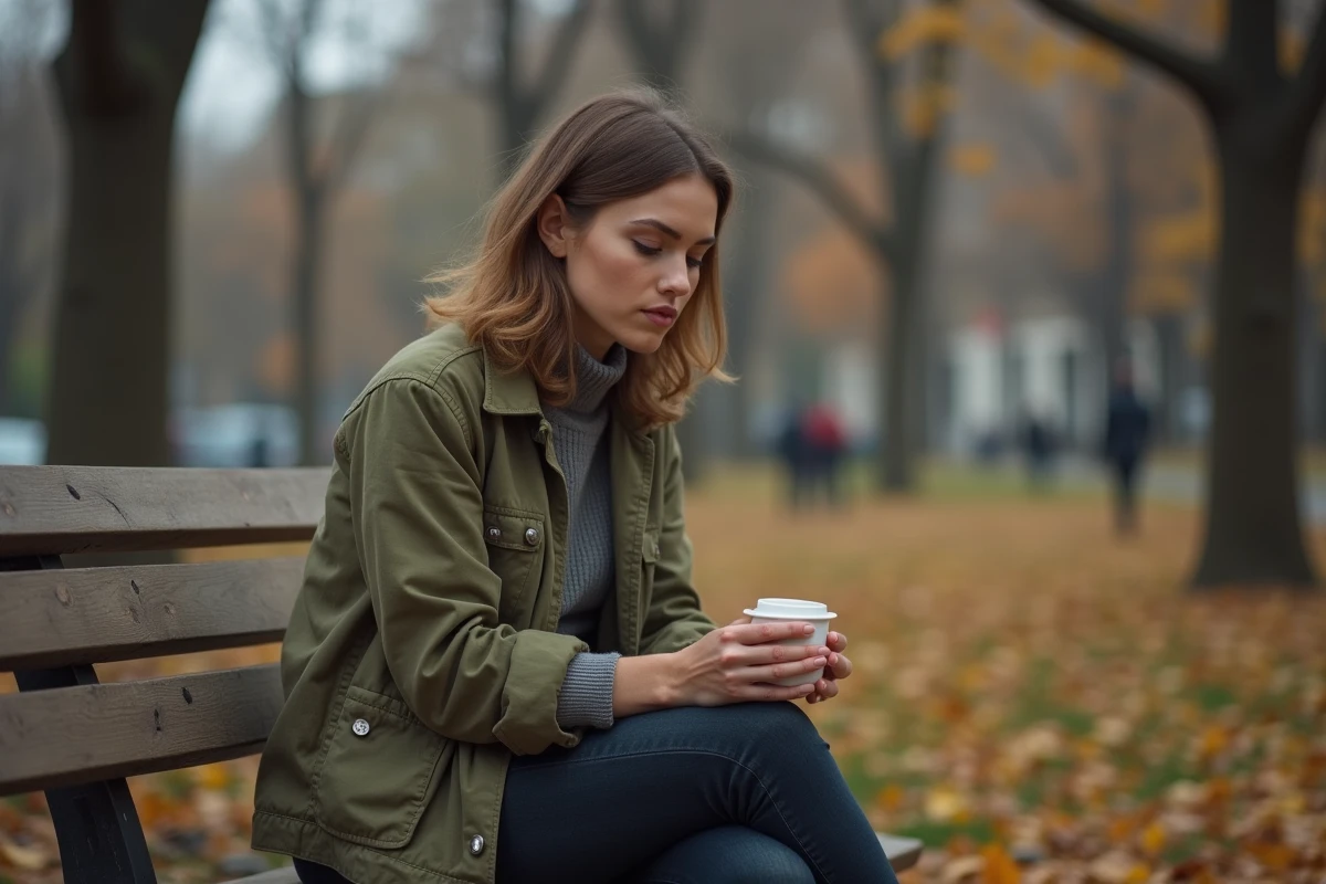 Femme pensive assise seule sur un banc de parc en automne, symbolisant la douleur d'un amour non réciproque