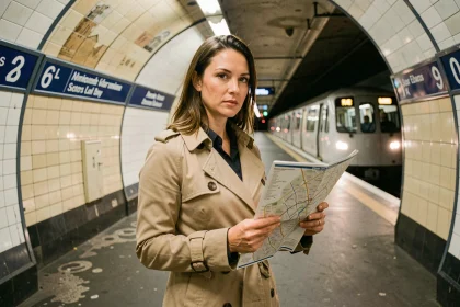 Femme consultant le plan de la ligne 9 du métro parisien sur un quai souterrain