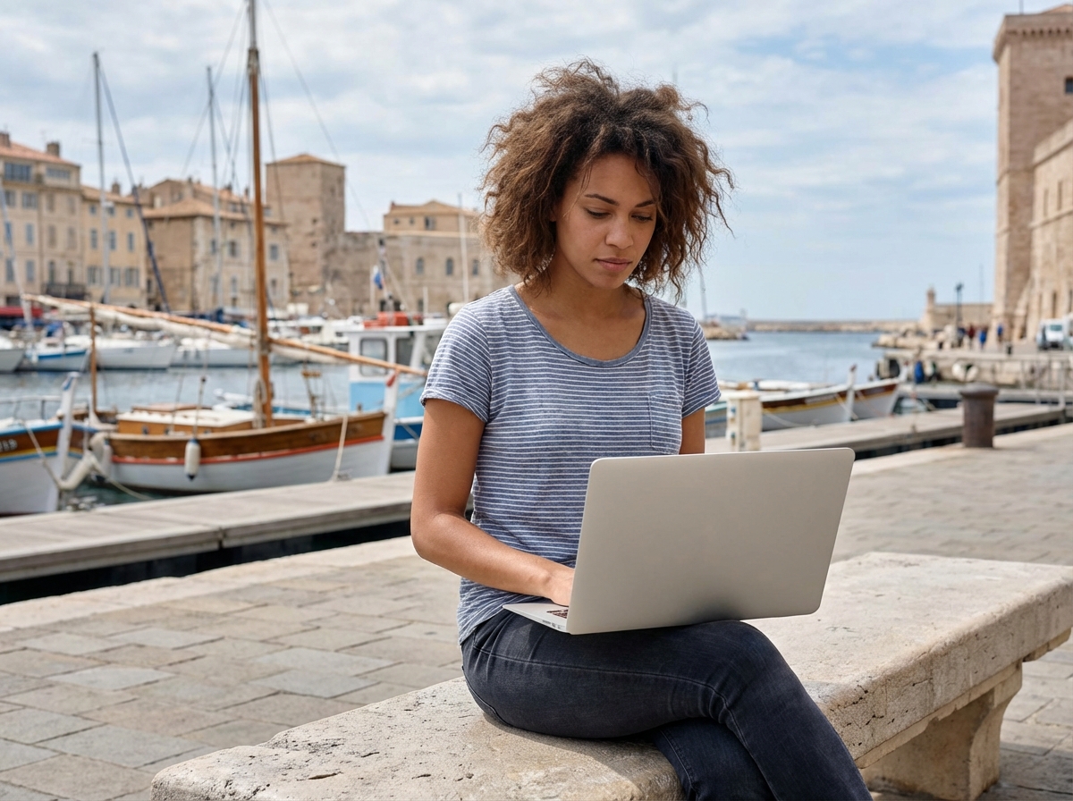 Femme assise sur un banc au port de Marseille