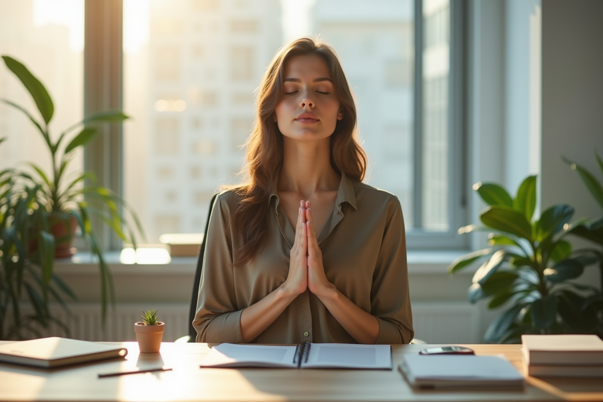 Jeune femme professionnelle pratiquant la respiration profonde au bureau