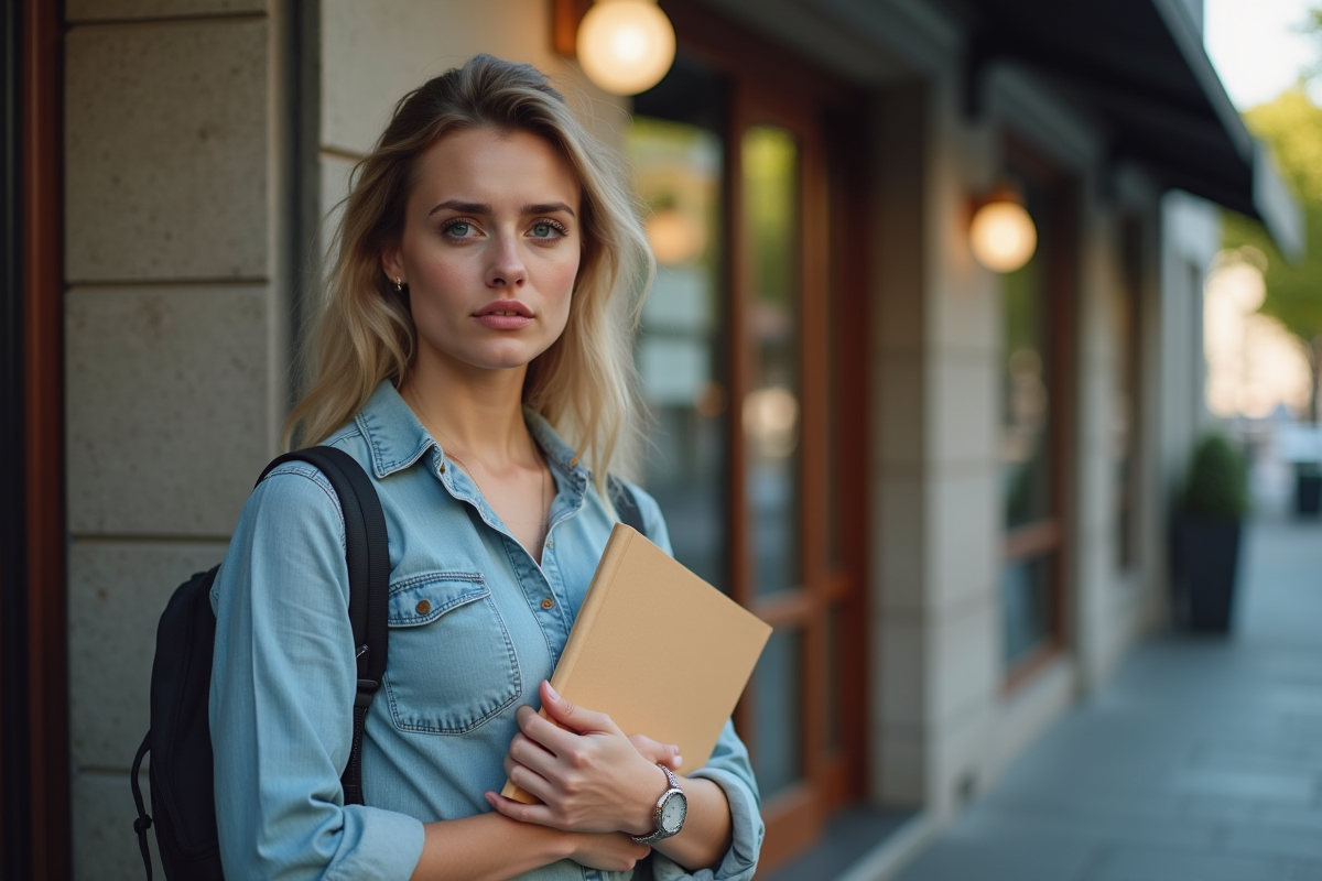 Jeune femme à la banque avec dossier de demande de prêt