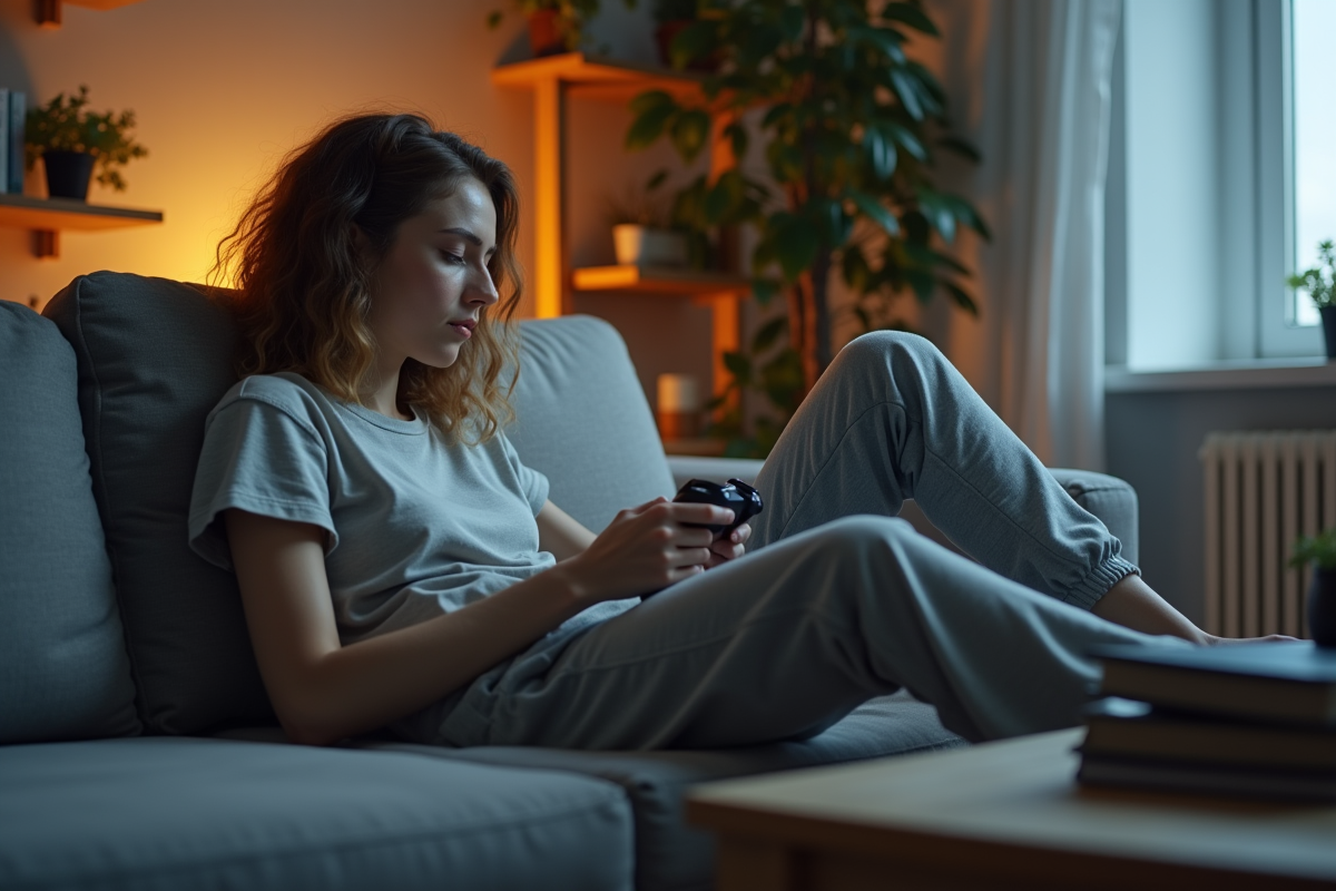 Femme détendue jouant sur un ordinateur portable dans le salon