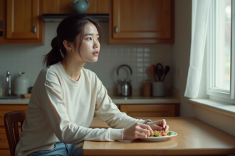 Jeune femme assise à la cuisine pensant