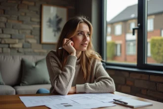 Femme réfléchie avec documents de prêt immobilier