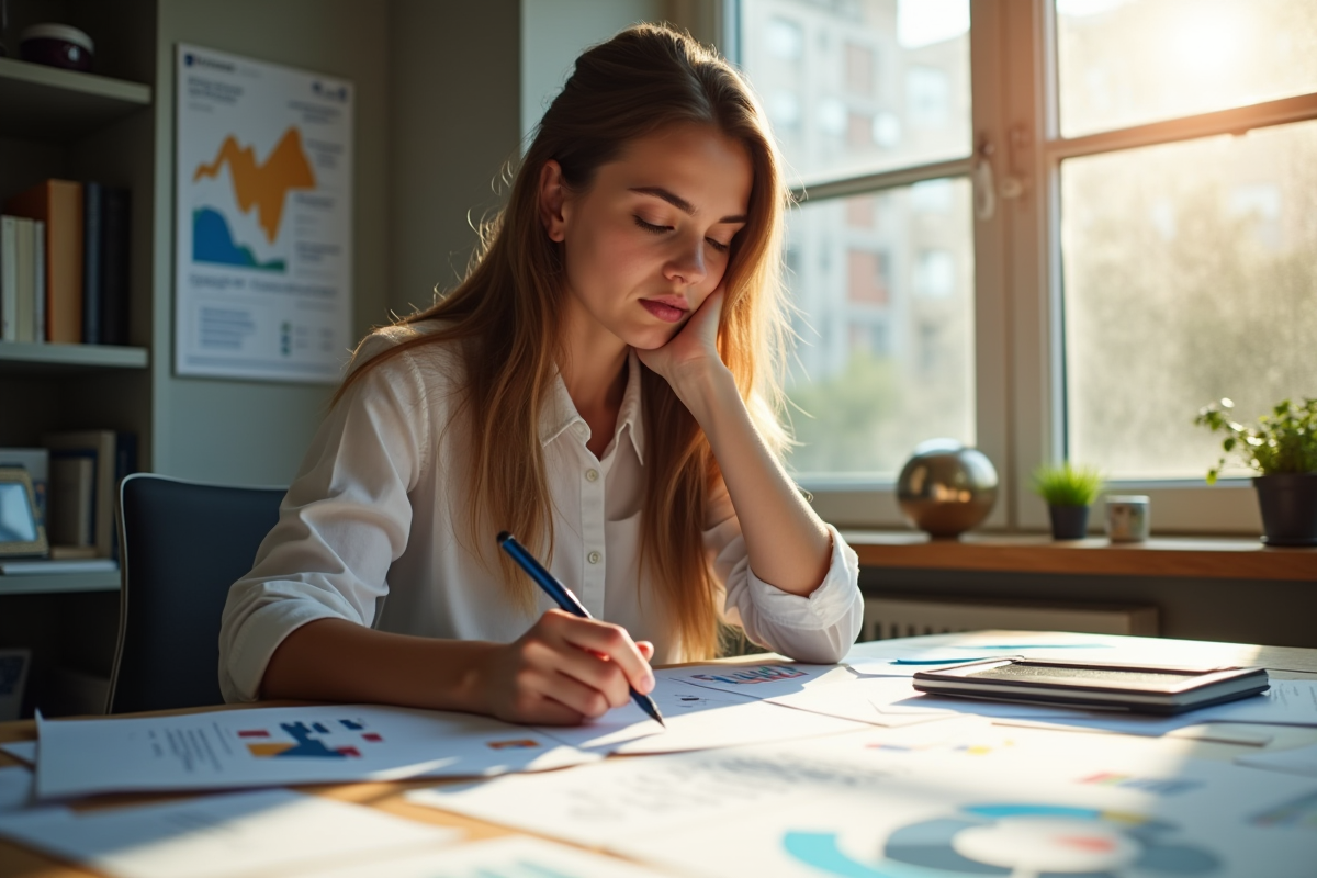 Jeune femme concentrée analysant des données au bureau