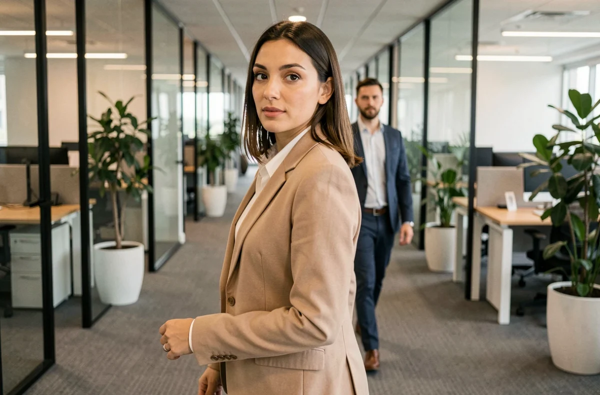 Femme en milieu de travail consciente d'un regard masculin dans un bureau moderne