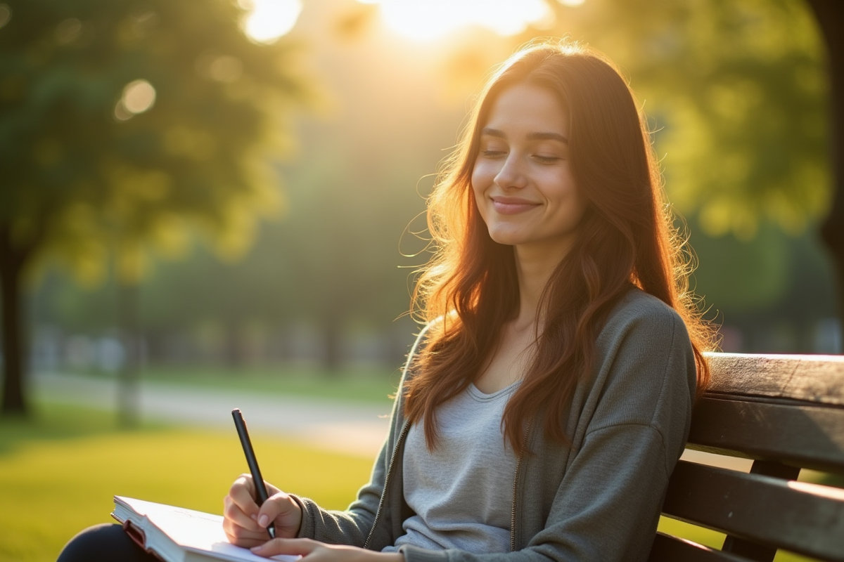 Jeune femme détendue assise sur un banc dans un parc ensoleillé