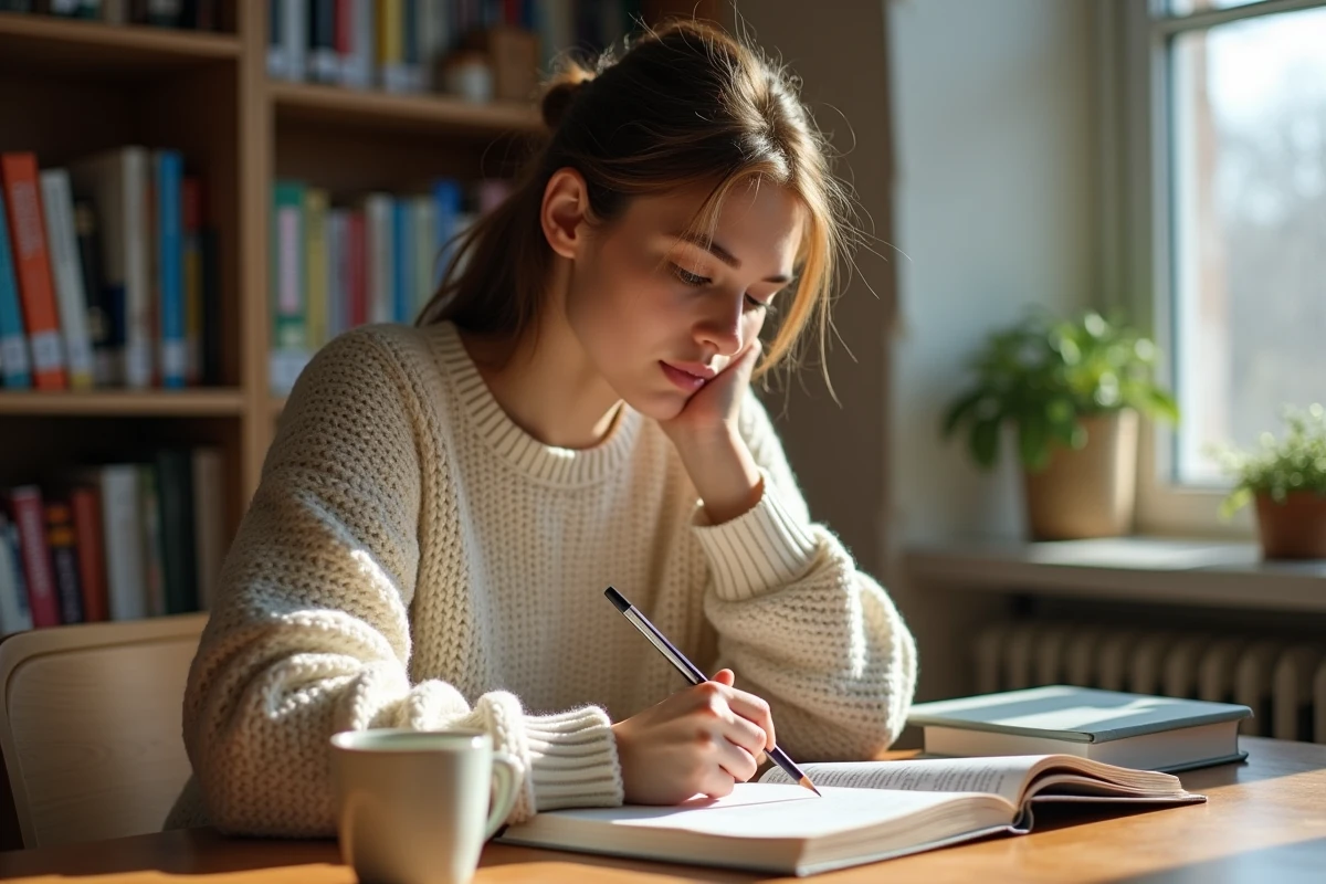 Jeune femme révisant des règles de grammaire française dans un carnet ouvert sur un bureau en bois