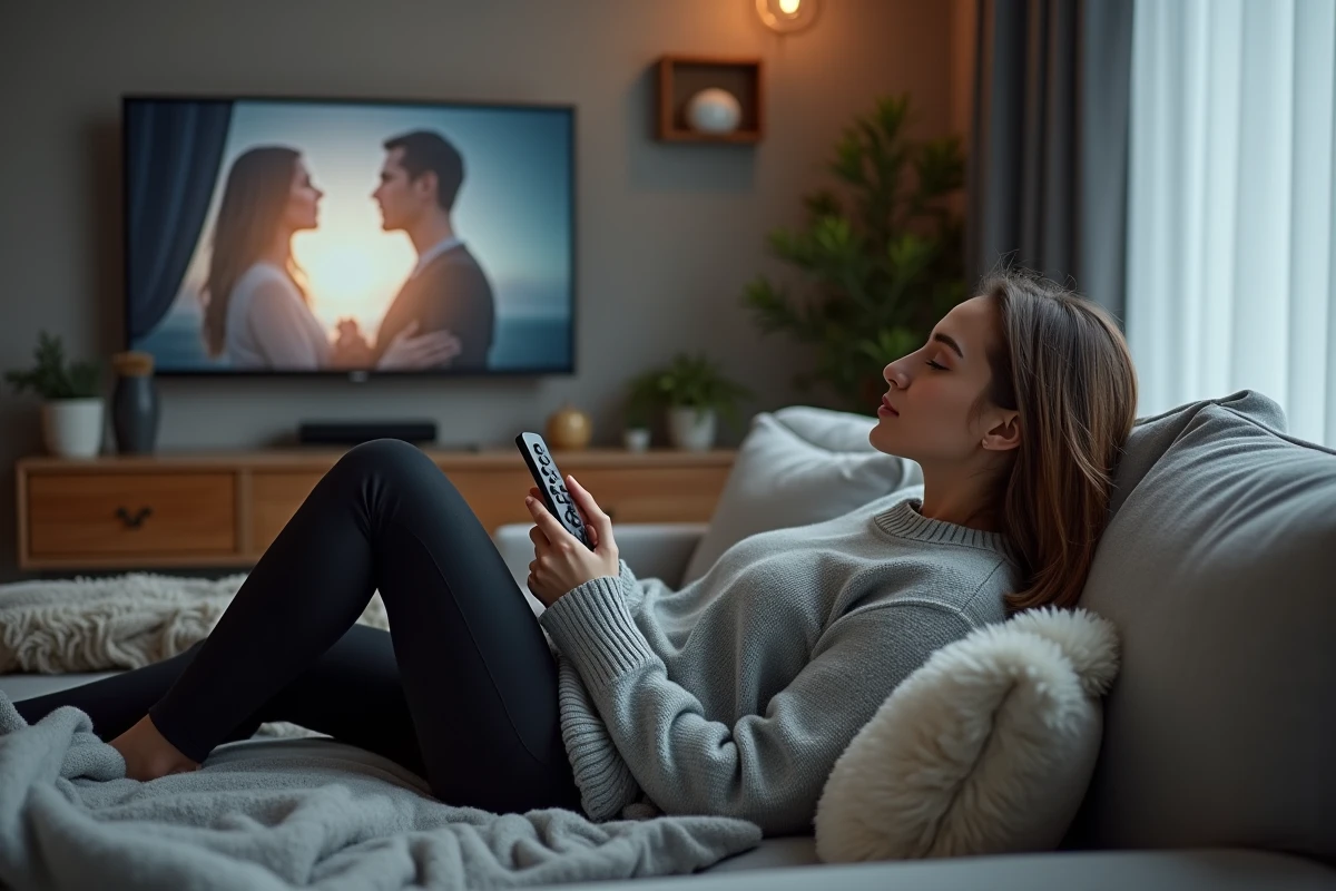 Femme turque installée sur son canapé regardant une romance turque à la télévision dans un appartement moderne
