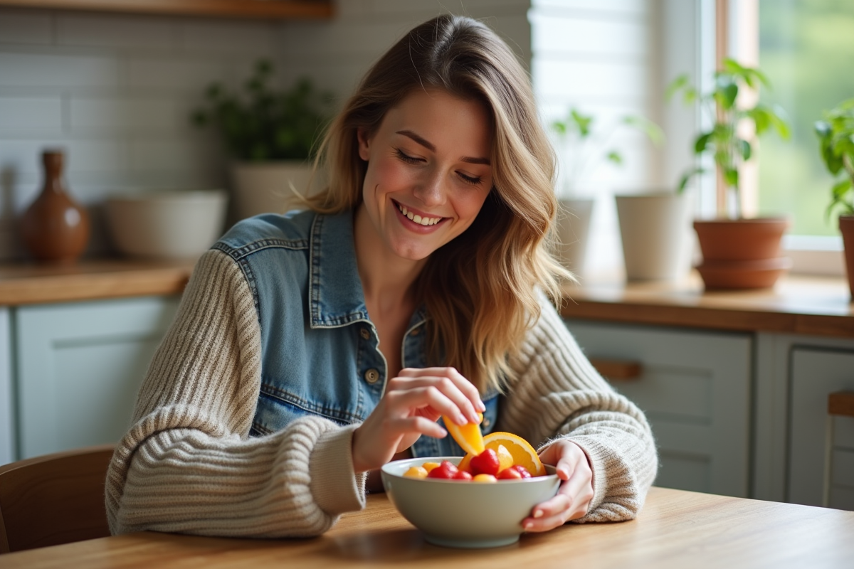 Jeune femme souriante avec fruits frais dans la cuisine lumineuse