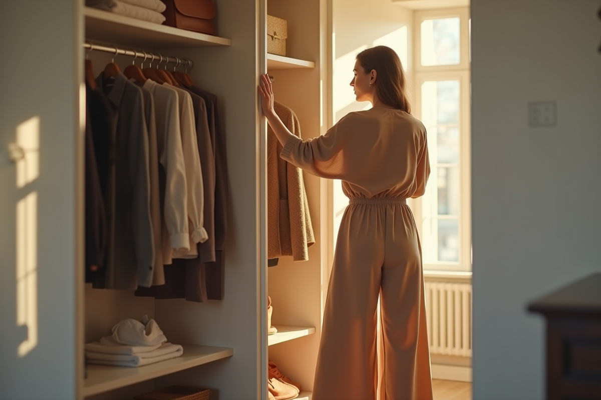 Femme choisissant une tenue dans une petite armoire