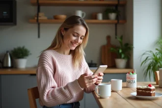Femme souriante en cuisine avec smartphone et gâteau