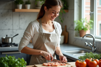 Femme tranchant une seiche fraîche dans une cuisine moderne