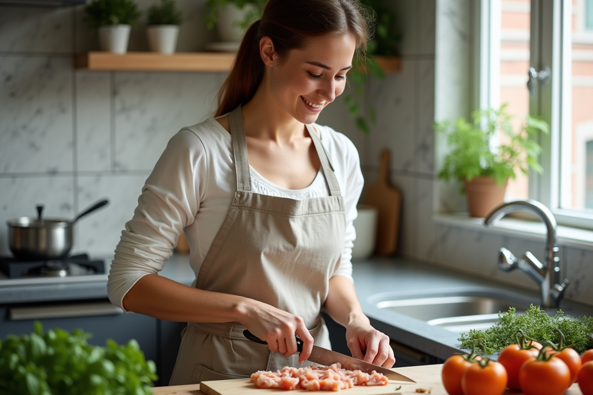 Femme tranchant une seiche fraîche dans une cuisine moderne