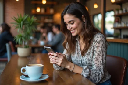 Femme transgenre souriante dans un café, utilisant une application de rencontre sur son smartphone pour trouver une relation durable