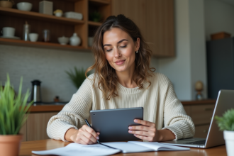 Femme d age moyen travaillant sur une tablette dans une cuisine