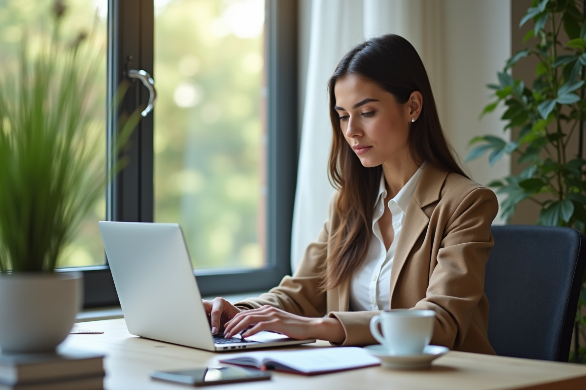 Femme professionnelle travaillant à distance dans un bureau moderne