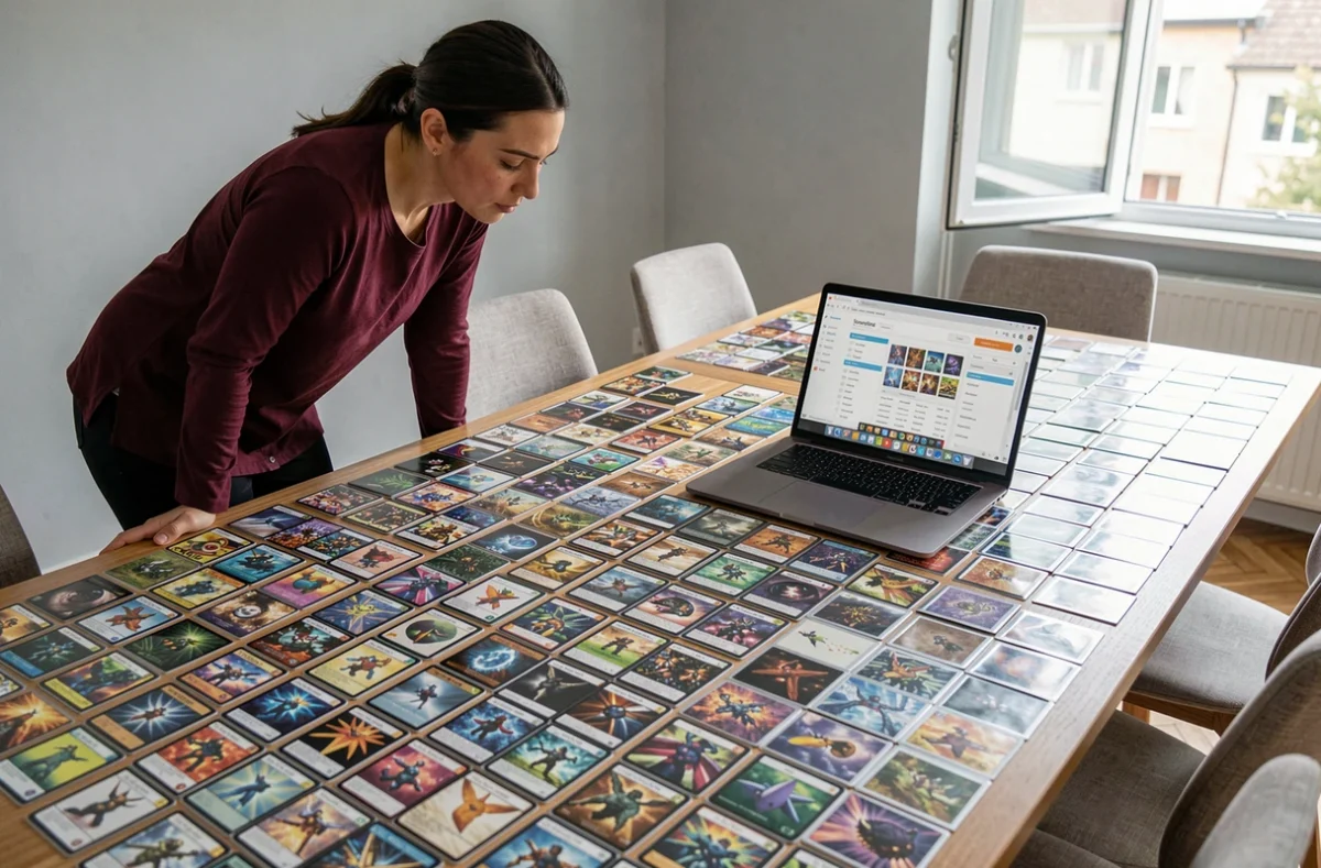 Femme collectionnant des cartes Pokémon triées sur une grande table avec une base de données en ligne ouverte sur un ordinateur portable