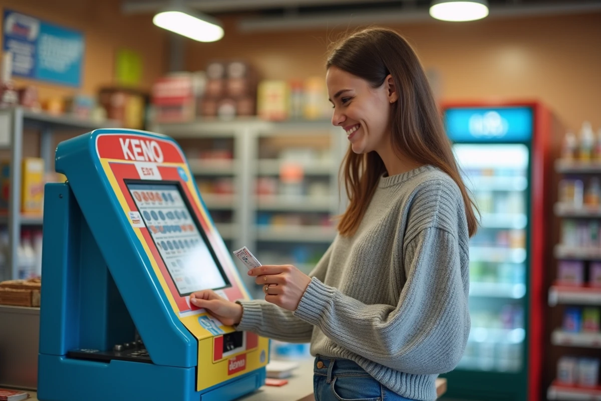 Femme vérifiant ticket Keno dans un kiosque urbain