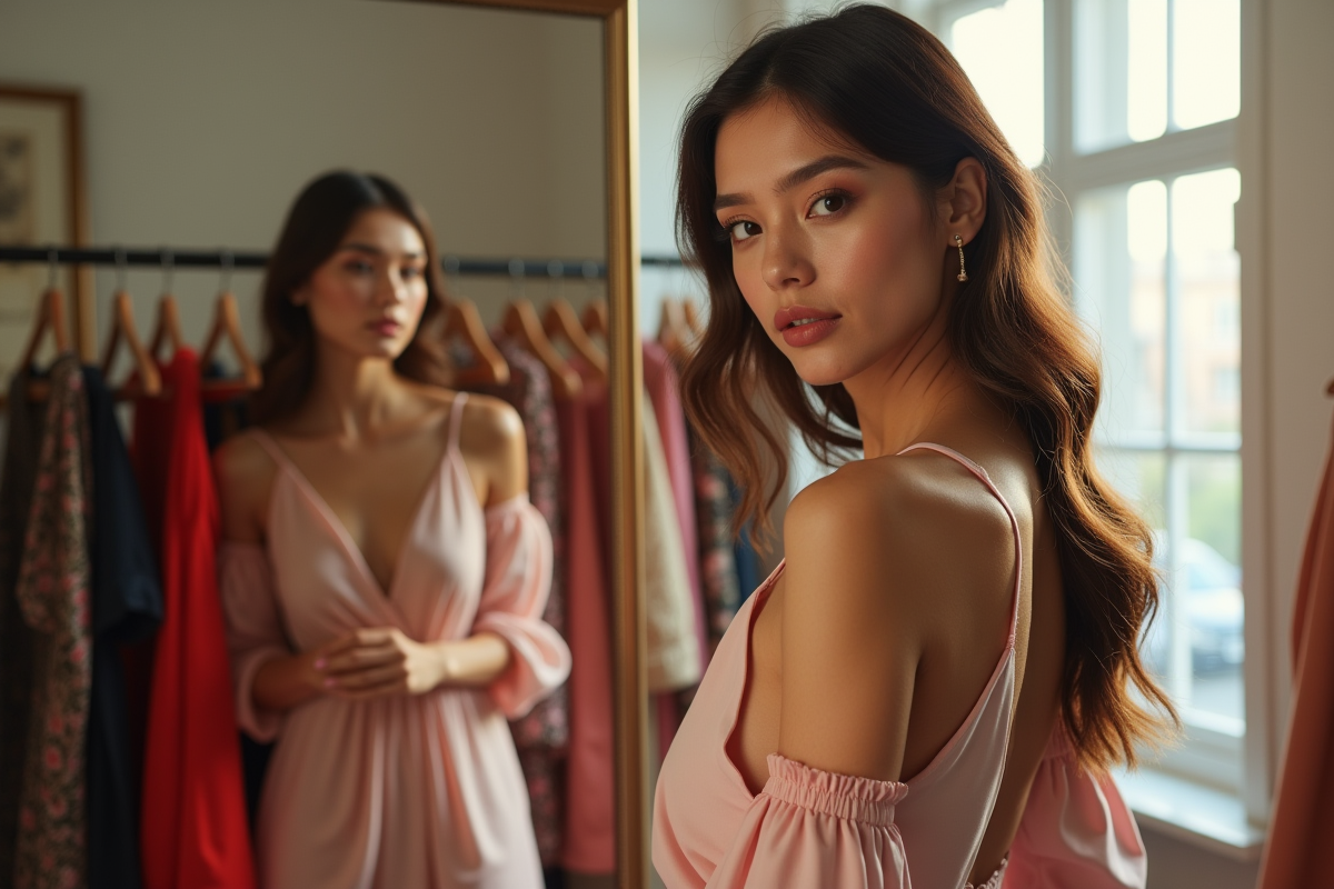 Femme essayant des vetements dans un dressing lumineux
