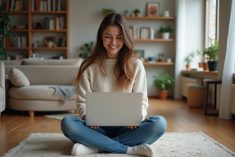 Jeune femme souriante en vidéo chat dans un salon cosy