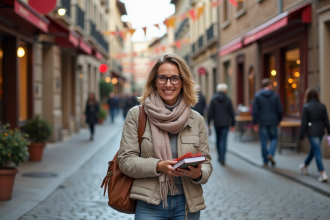 Femme souriante dans une ville européenne animée