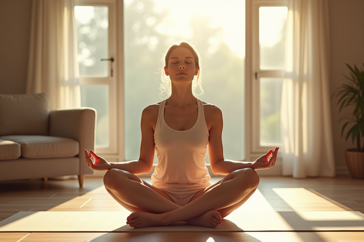 Jeune femme en yoga dans une salle lumineuse et paisible