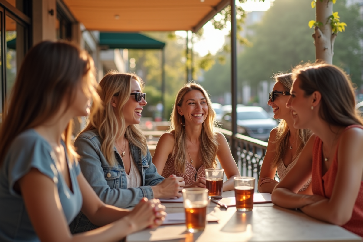 Groupe de femmes discutant sur une terrasse ensoleillée