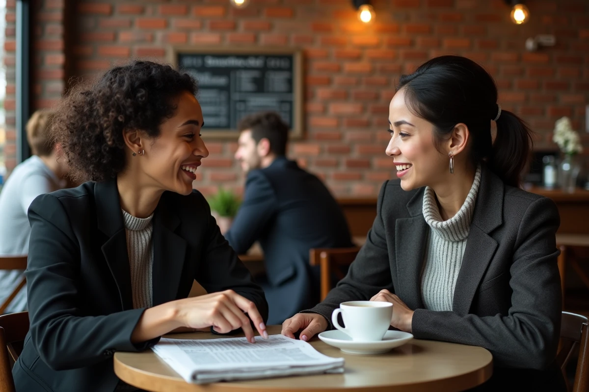 Deux femmes de générations et origines différentes discutant d'un article de presse sur le wokisme dans un café, symbolisant le débat social et politique autour du terme woke