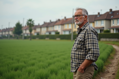 Vieux fermier regardant la ville en expansion
