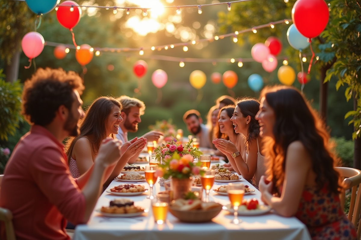 Fête dans un jardin extérieur avec ballons et guirlandes lumineuses
