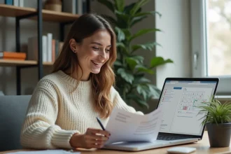 Jeune femme souriante joue à la bataille navale sur son ordinateur