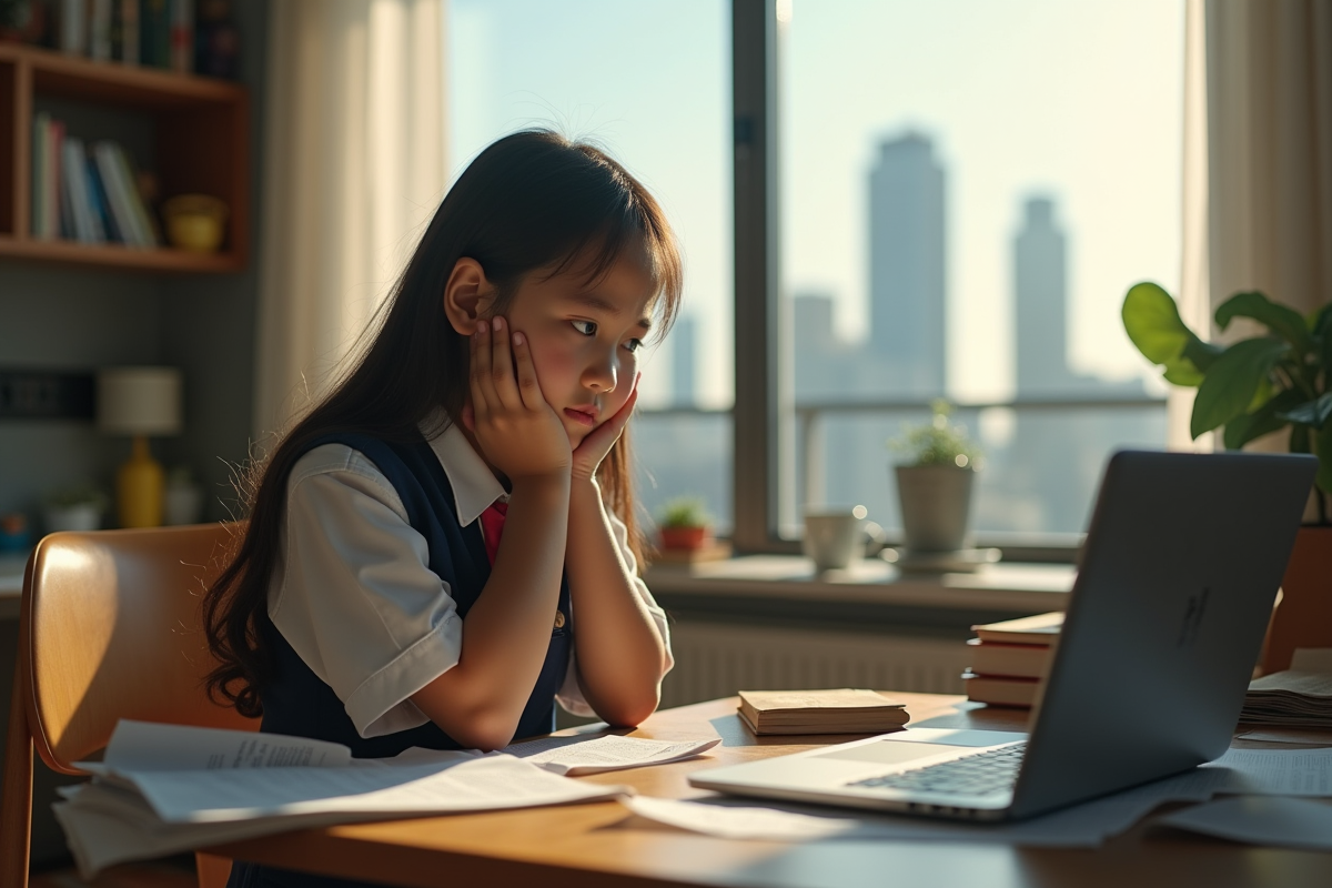 Jeune fille philippine seule à la maison avec ordinateur cassé et livres